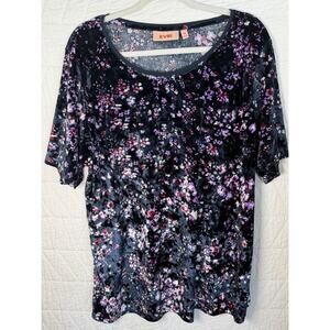Evri velour Tee Shirt Woman Size 1X blue Floral Print Stretch short sleeve